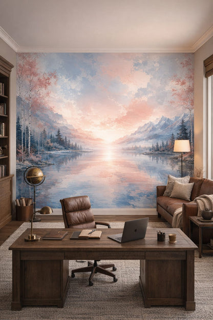 Rustic Modern sand-charcoal mountain lake featuring birch trees - Wall Mural Peel and Stick Wallpaper for Rustic Modern Executive Home Office.