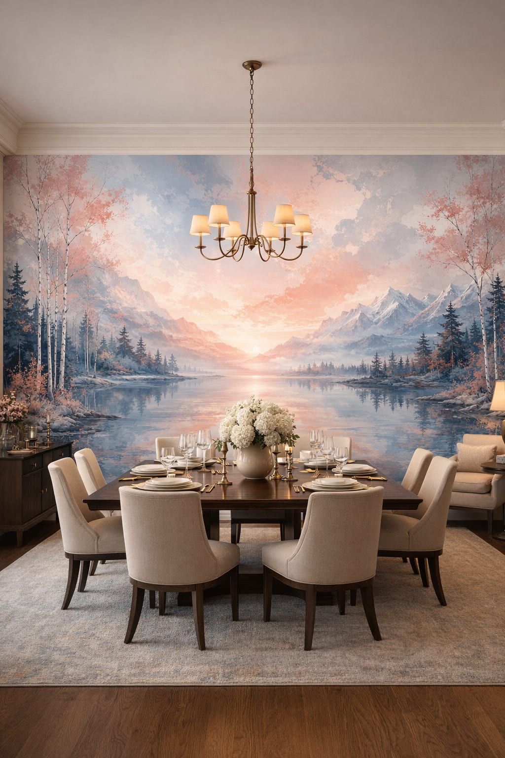 Modern Classic cream mountain lake featuring birch trees - Wall Mural Peel and Stick Wallpaper for Modern Classic Formal Dining Room.