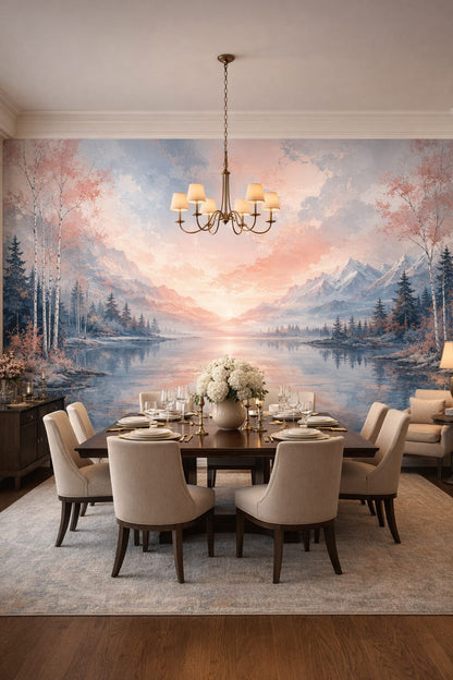 Modern Classic cream mountain lake featuring birch trees - Wall Mural Peel and Stick Wallpaper for Modern Classic Formal Dining Room.