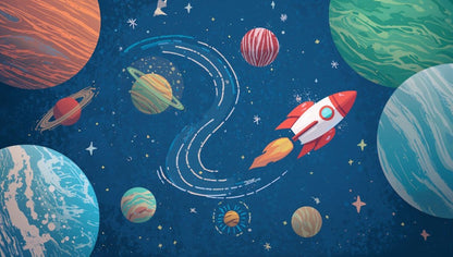 Playful whimsical Navy Blue space planets featuring a rocket ship, stars, and orbit trails - Wall Mural & Peel and Stick Wallpaper for Whimsical Nursery or Kids Room.
