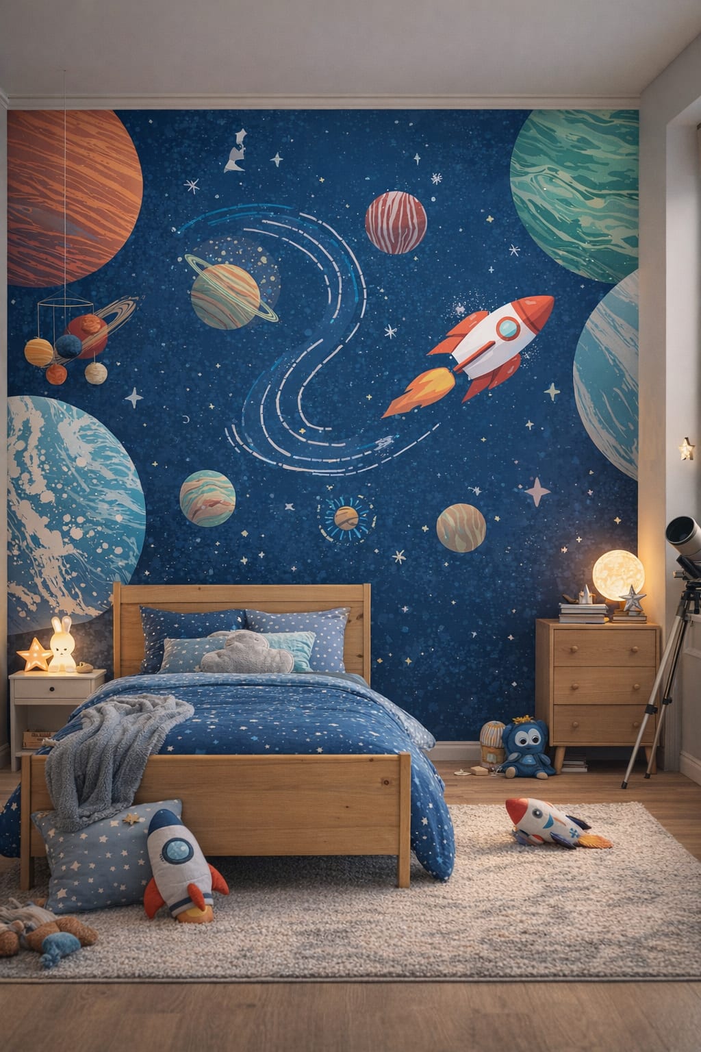 Celestial navy Space-themed space planets featuring rocket ship - Wall Mural Peel and Stick Wallpaper for Outer Space / Celestial Kids Bedroom.