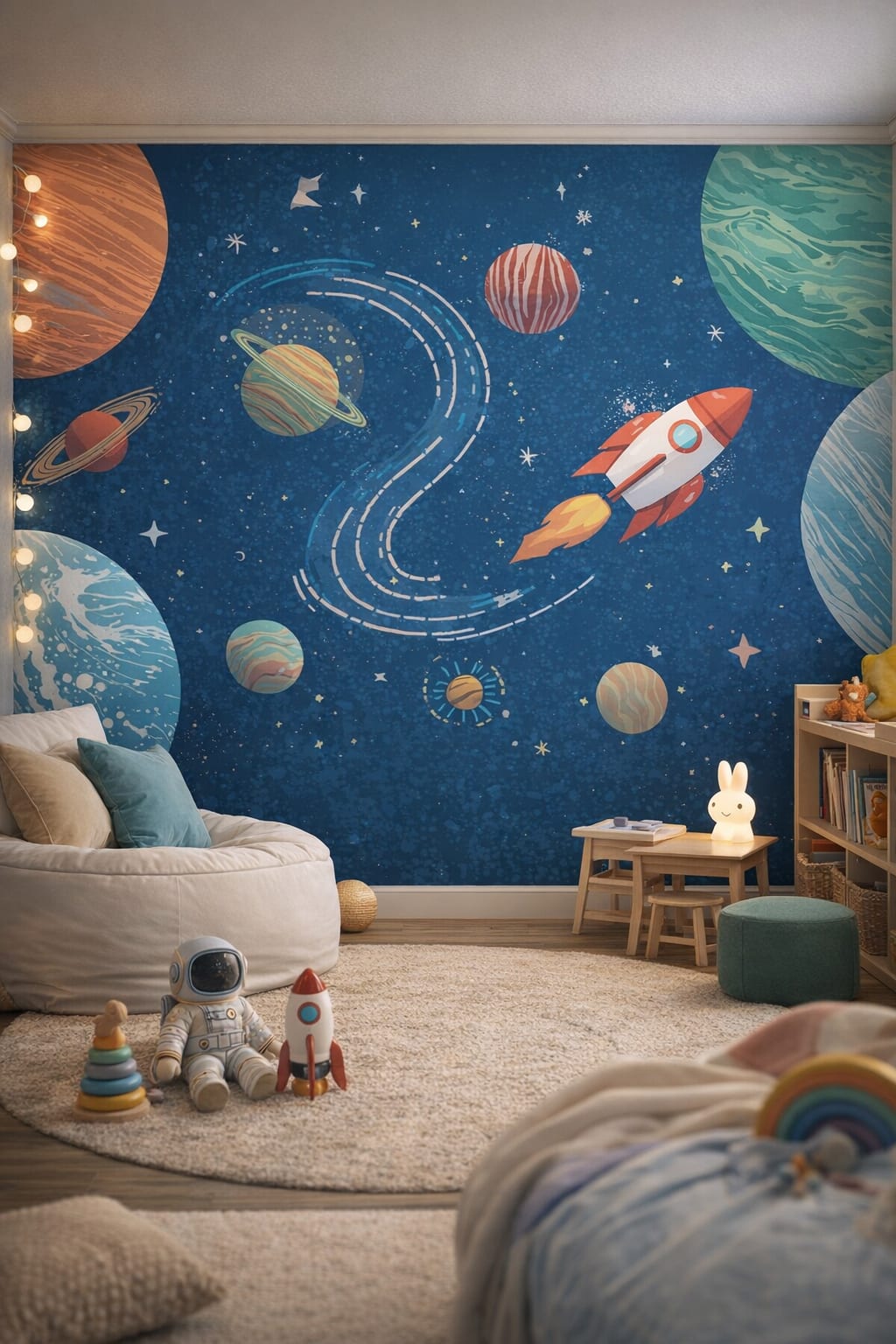 Space Age white-orange space planets featuring rocket ship - Wall Mural Peel and Stick Wallpaper for Space Age Playroom.