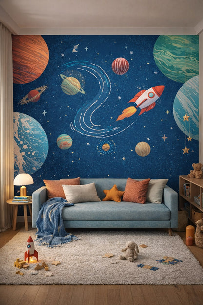 Pop Art, primary-bright space planets featuring rocket ship - Wall Mural Peel and Stick Wallpaper for Pop Art Reading Corner.