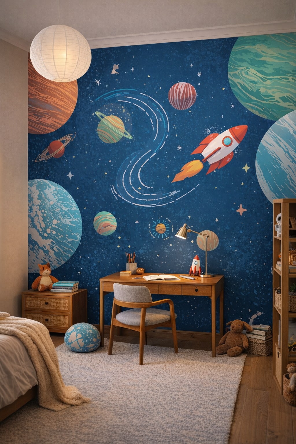 Teal orange Mid-century Kids space planets featuring a rocket ship - Wall Mural Peel and Stick Wallpaper for Mid-century Kids Homework / Study Corner.