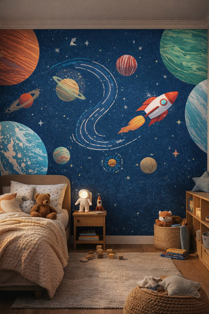 Gender-neutral contemporary, gray-mint space planets featuring rocket ship - Wall Mural Peel and Stick Wallpaper for Gender-Neutral Contemporary Kids Bedroom.