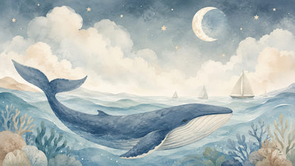 Dreamy Watercolor Dusty Blue Whale featuring sailboats, crescent moon, and ocean waves - Wall Mural & Peel and Stick Wallpaper for Dreamy Nursery or Kids Room