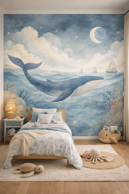 Coastal sky-blue whale featuring sailboats - Wall Mural Peel and Stick Wallpaper for Coastal Kids Kids Bedroom.
