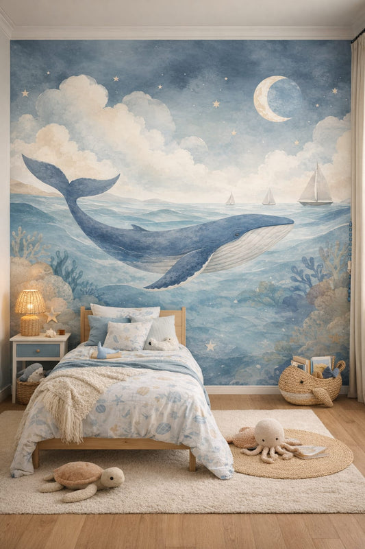 Coastal sky-blue whale featuring sailboats - Wall Mural Peel and Stick Wallpaper for Coastal Kids Kids Bedroom.