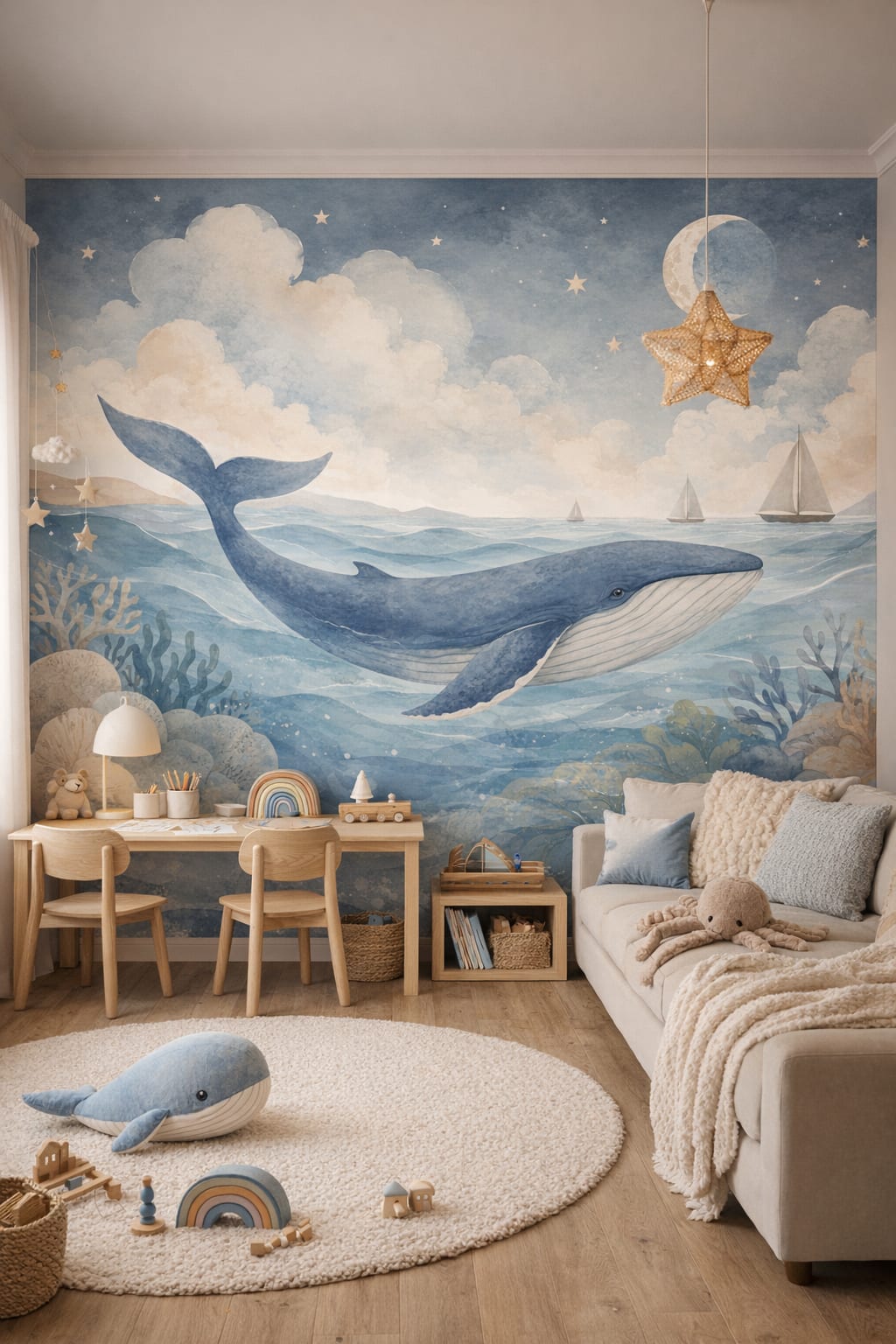 Scandi light-gray whale featuring sailboats - Wall Mural Peel and Stick Wallpaper for Scandi Kids Homework / Study Corner.