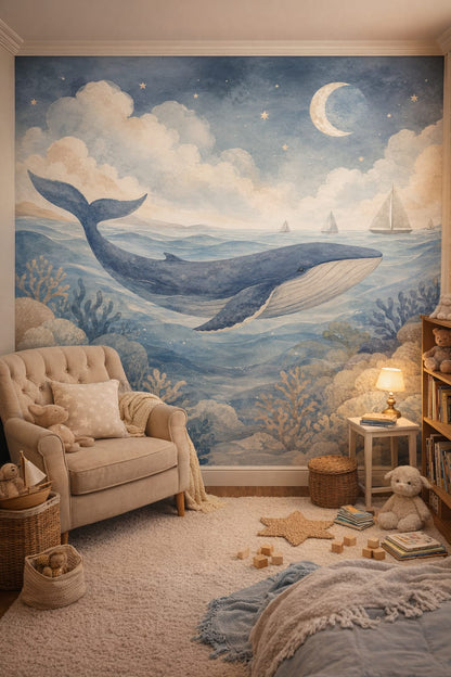 Storybook cream whale featuring sailboats - Wall Mural Peel and Stick Wallpaper for Classic Storybook Reading Corner.
