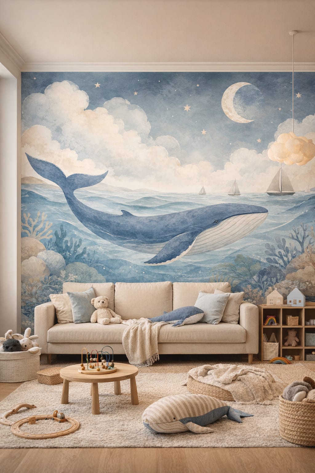 Gray contemporary whale featuring sailboats - Wall Mural Peel and Stick Wallpaper for Gender-Neutral Contemporary Playroom.
