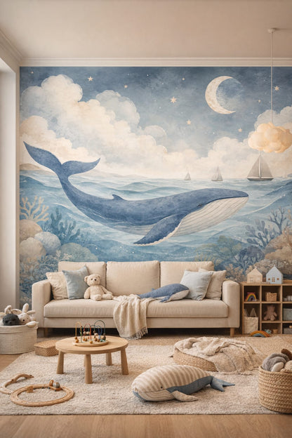 Gray contemporary whale featuring sailboats - Wall Mural Peel and Stick Wallpaper for Gender-Neutral Contemporary Playroom.