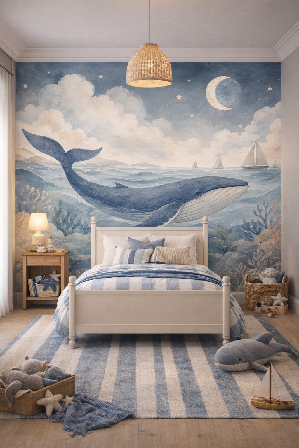 Preppy navy whale featuring sailboats - Wall Mural Peel and Stick Wallpaper for Preppy / Nautical Kids Bedroom