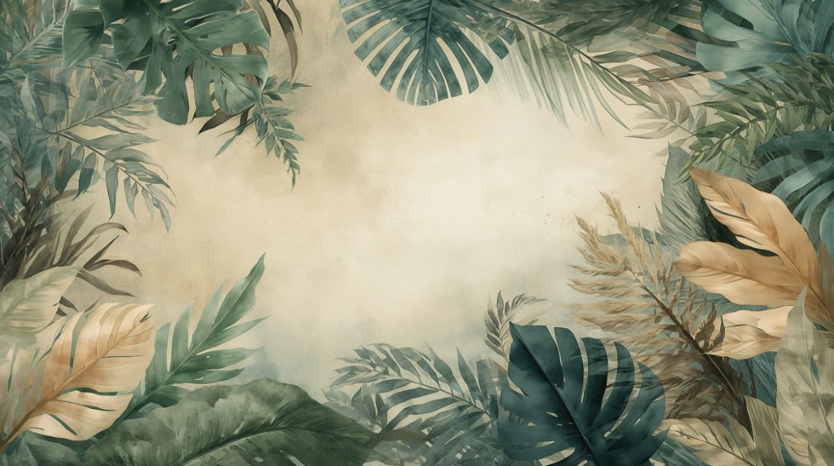 Airy botanical Sage Green tropical foliage featuring monstera leaves and palm fronds - Wall Mural & Peel and Stick Wallpaper for Watercolor Interiors and Premium Home Styling.