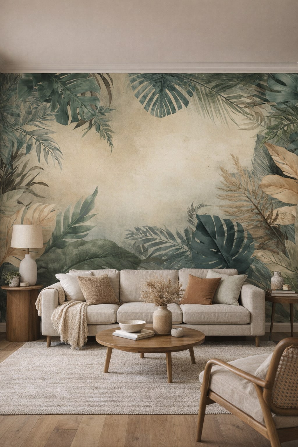 Cream-toned Organic Modern tropical foliage featuring monstera leaves - Wall Mural Peel and Stick Wallpaper for Organic Modern Living Room.