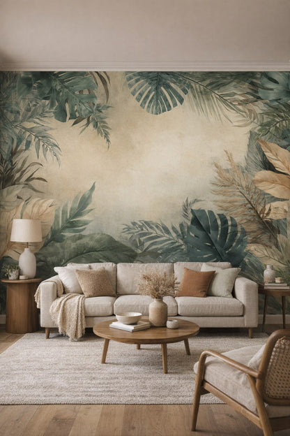 Cream-toned Organic Modern tropical foliage featuring monstera leaves - Wall Mural Peel and Stick Wallpaper for Organic Modern Living Room.