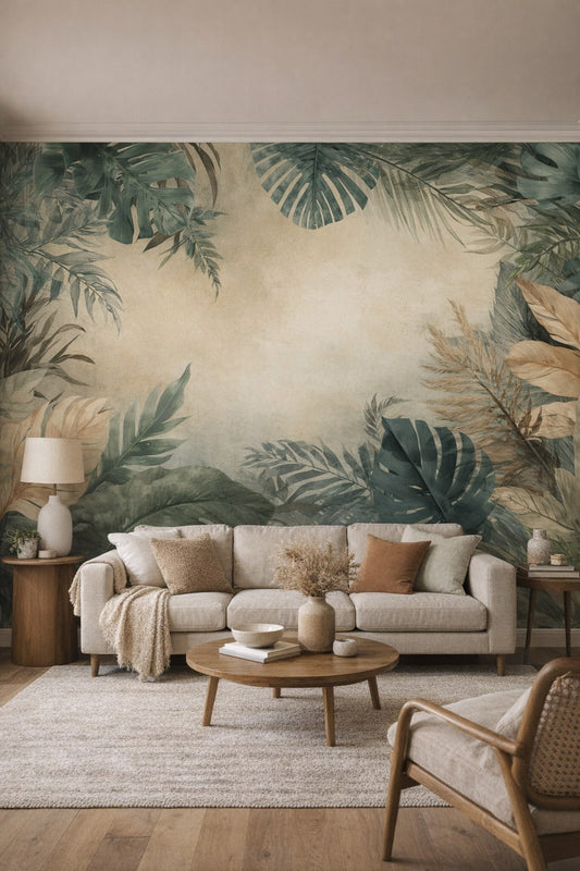 Cream-toned Organic Modern tropical foliage featuring monstera leaves - Wall Mural Peel and Stick Wallpaper for Organic Modern Living Room.