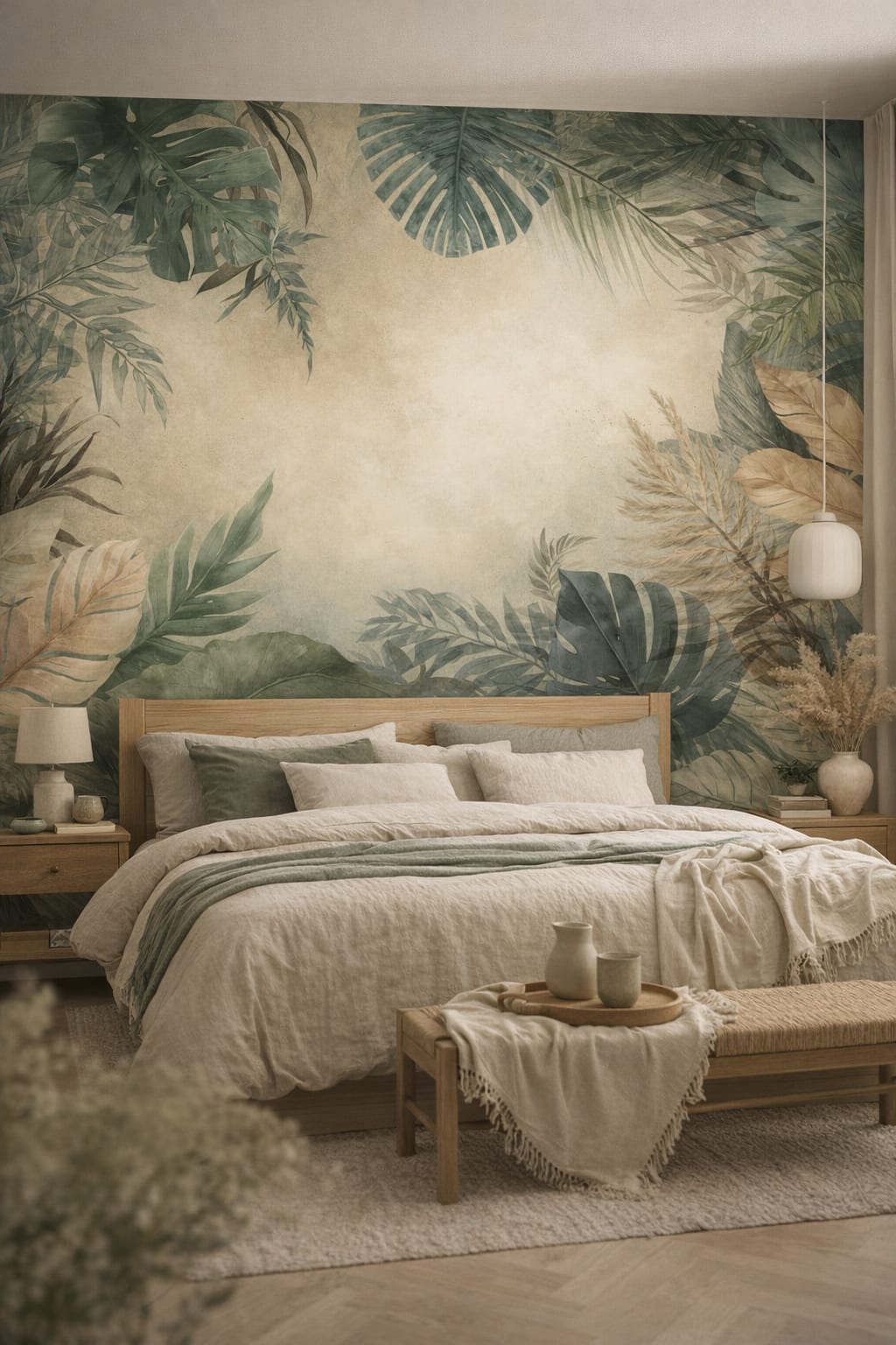 Sand-toned Japandi tropical foliage featuring monstera leaves - Wall Mural Peel and Stick Wallpaper for Japandi Master Bedroom.