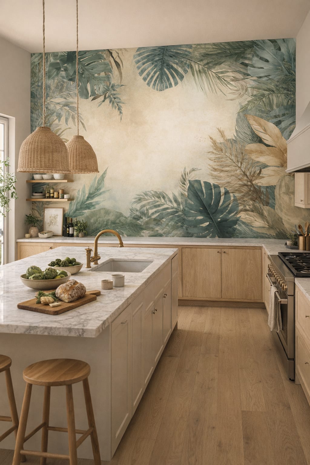 Biophilic green neutral tropical foliage featuring monstera leaves - Wall Mural Peel and Stick Wallpaper for Biophilic Design High-end Kitchen.