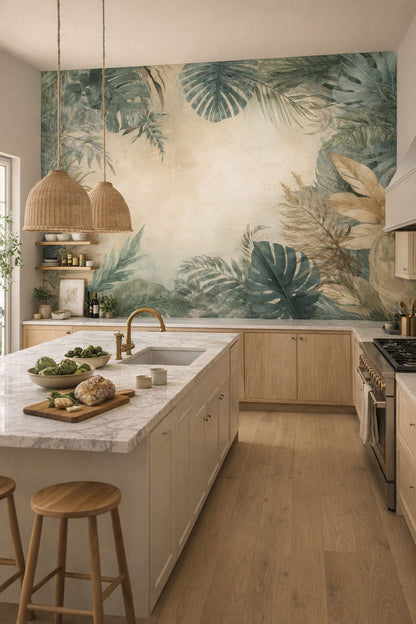 Biophilic green neutral tropical foliage featuring monstera leaves - Wall Mural Peel and Stick Wallpaper for Biophilic Design High-end Kitchen.