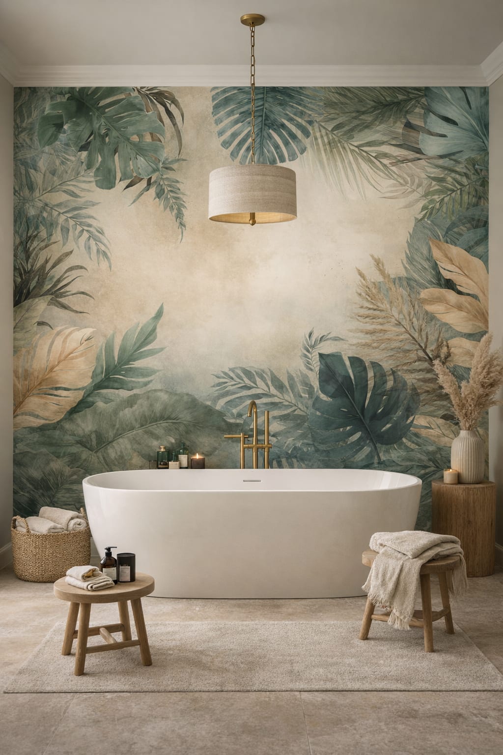 Resort Style sand-toned tropical foliage featuring monstera leaves - Wall Mural Peel and Stick Wallpaper for Resort Style Luxury Bathroom.