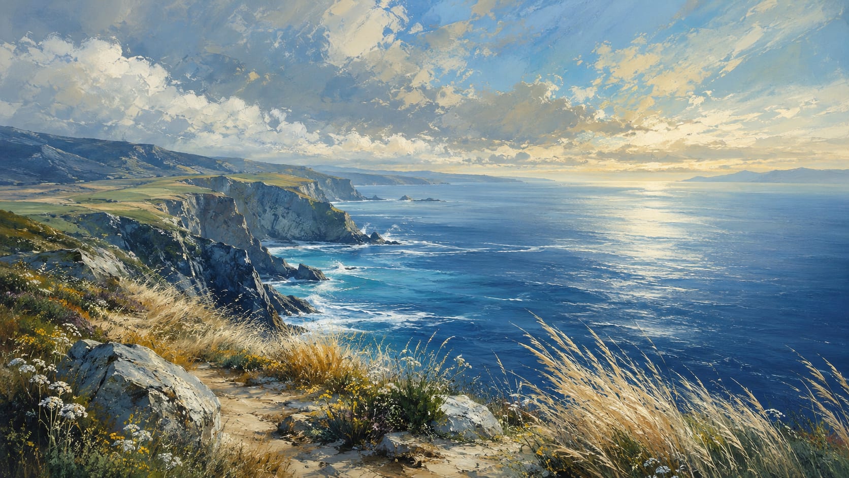 Sun-washed Painterly Ocean Blue coastal cliffs featuring ocean and wildflowers - Wall Mural & Peel and Stick Wallpaper for Painterly Interiors and Premium Home Styling
