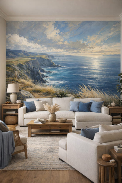 Coastal blue-and-sand coastal cliffs featuring ocean - Wall Mural Peel and Stick Wallpaper for Coastal Living Room.