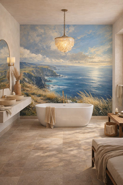 Sand blue coastal cliffs featuring ocean - Wall Mural Peel and Stick Wallpaper for Mediterranean Modern Luxury Bathroom.
