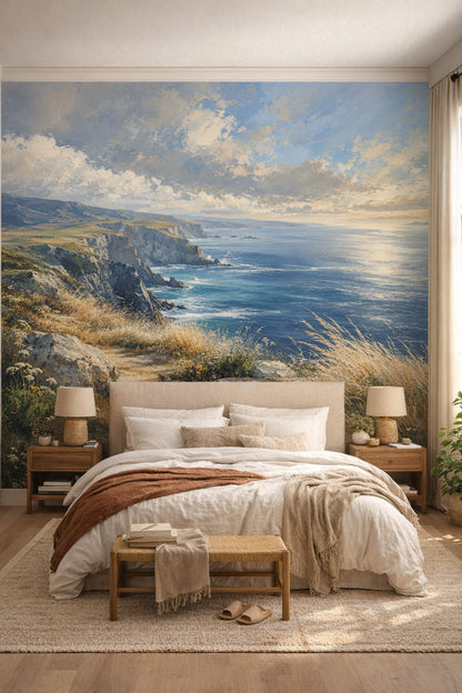 Organic Modern cream coastal cliffs featuring ocean - Wall Mural Peel and Stick Wallpaper for Organic Modern Master Bedroom.