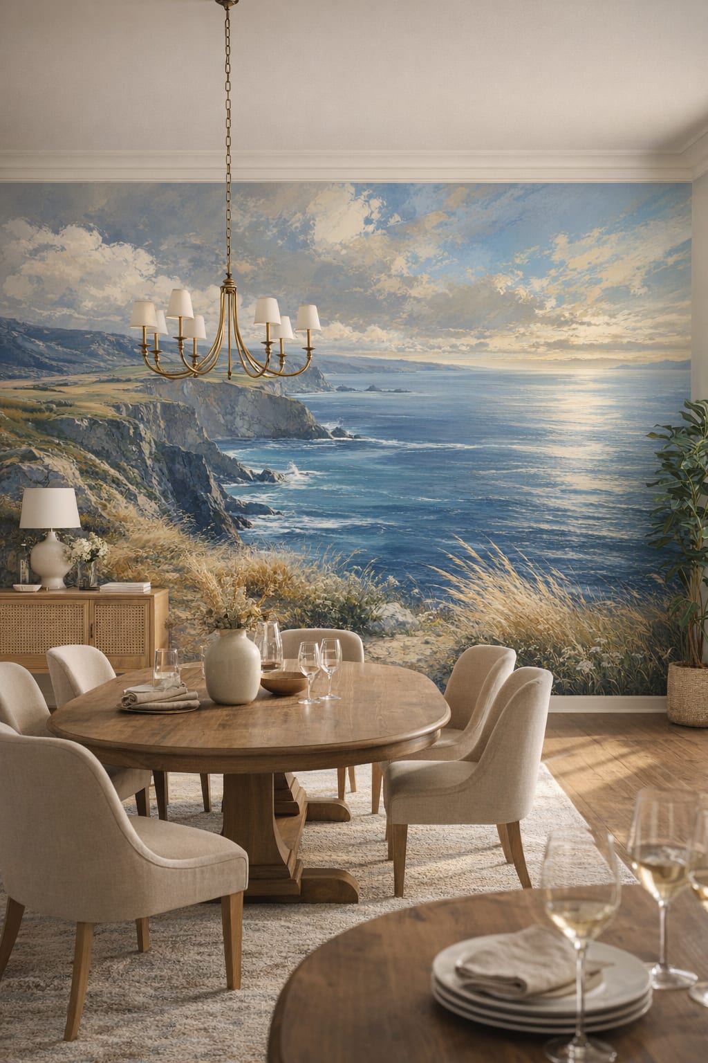 Resort Style sand white coastal cliffs featuring ocean - Wall Mural Peel and Stick Wallpaper for Resort Style Formal Dining Room.