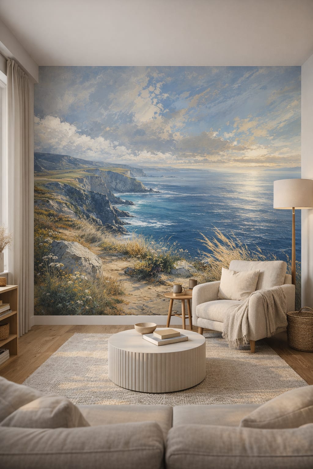 Scandinavian white coastal cliffs featuring ocean - Wall Mural Peel and Stick Wallpaper for Scandinavian Reading Corner.