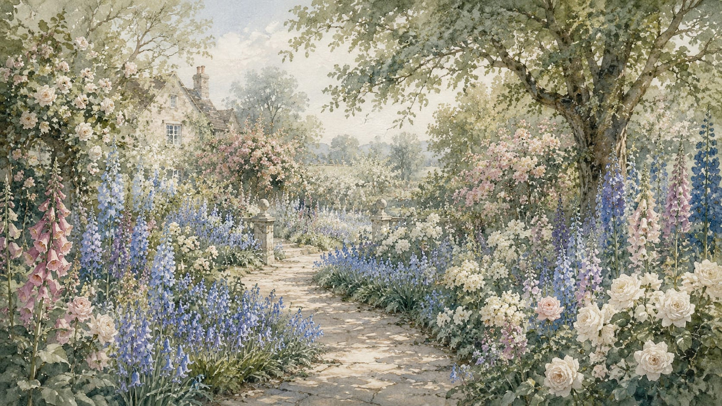 Romantic Painterly Sage Green English garden featuring floral blossoms and stone path - Wall Mural & Peel and Stick Wallpaper for Watercolor Interiors and Premium Home Styling