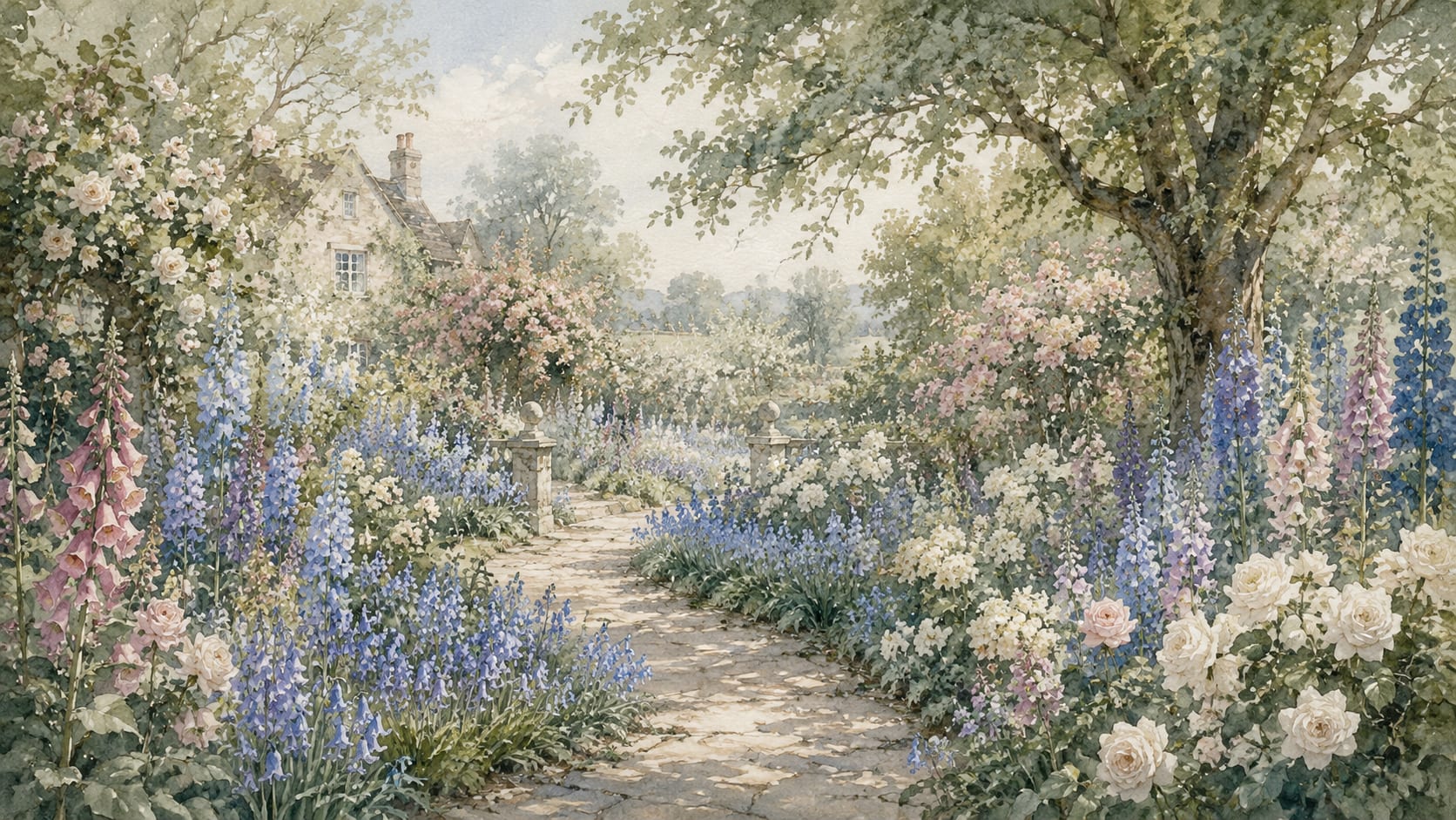 Romantic Painterly Sage Green English garden featuring floral blossoms and stone path - Wall Mural & Peel and Stick Wallpaper for Watercolor Interiors and Premium Home Styling