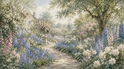 Romantic Painterly Sage Green English garden featuring floral blossoms and stone path - Wall Mural & Peel and Stick Wallpaper for Watercolor Interiors and Premium Home Styling