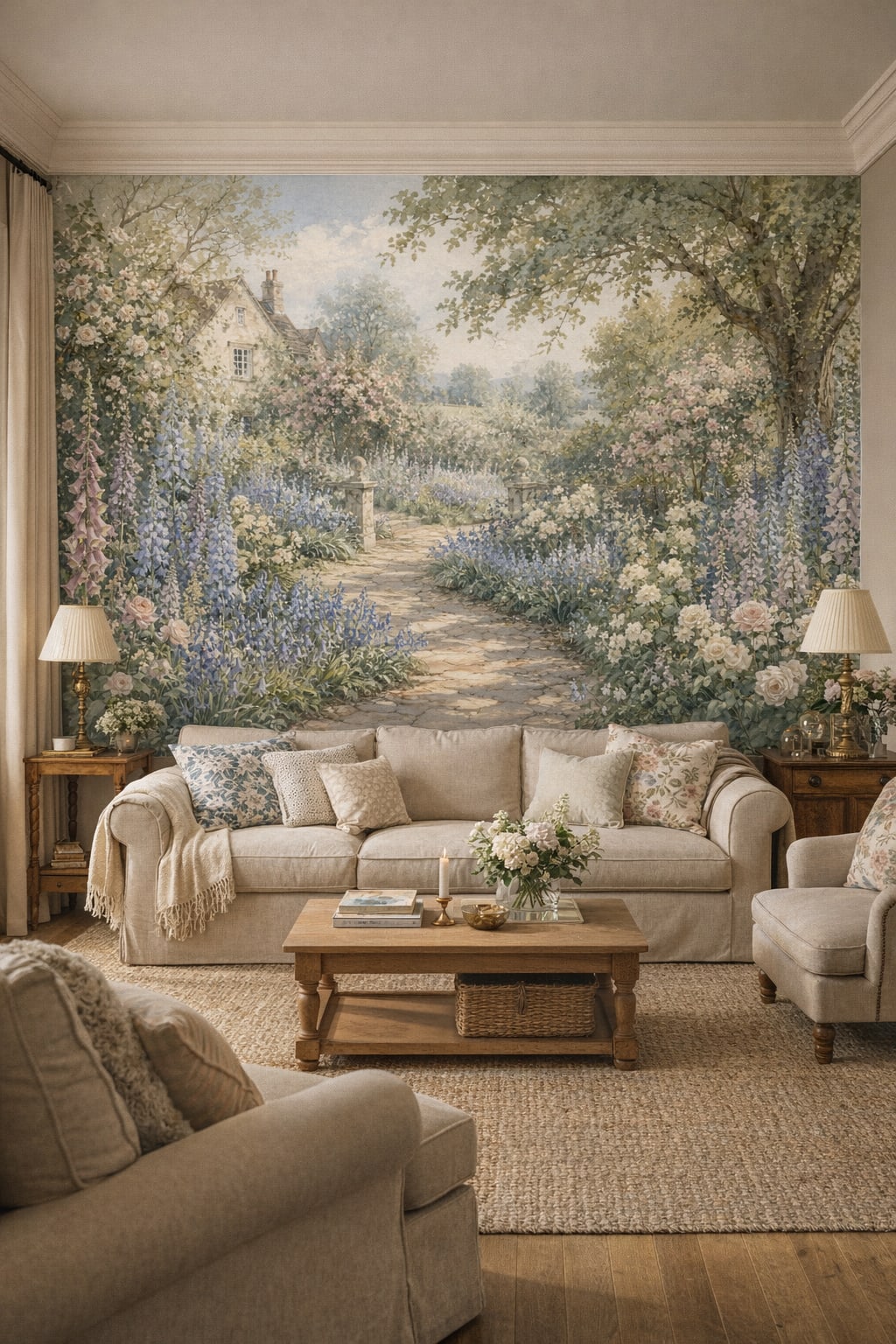 Green cream English Cottage English garden featuring stone path - Wall Mural Peel and Stick Wallpaper for English Cottage Living Room.