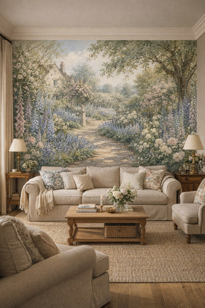 Green cream English Cottage English garden featuring stone path - Wall Mural Peel and Stick Wallpaper for English Cottage Living Room.