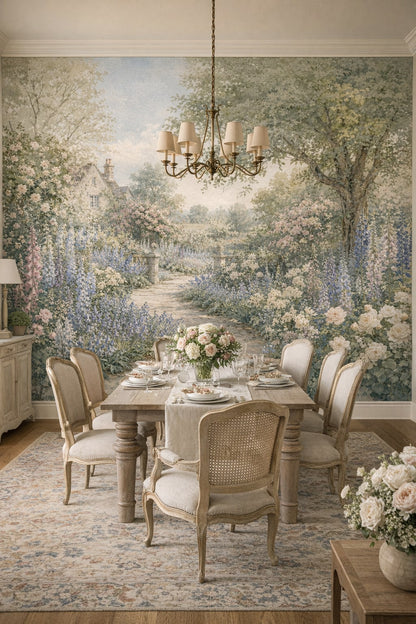 French Country sage English garden featuring stone path - Wall Mural Peel and Stick Wallpaper for French Country Formal Dining Room.