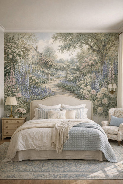 Grandmillennial floral-neutral English garden featuring stone path - Wall Mural Peel and Stick Wallpaper for Grandmillennial Guest Bedroom.