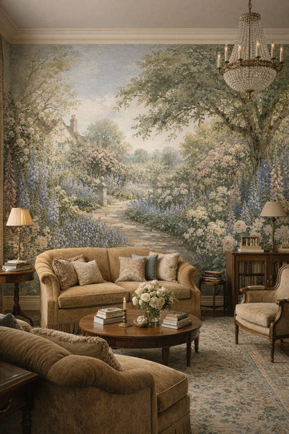 Art Nouveau green-cream English garden featuring stone path - Wall Mural Peel and Stick Wallpaper for Art Nouveau Reading Room.