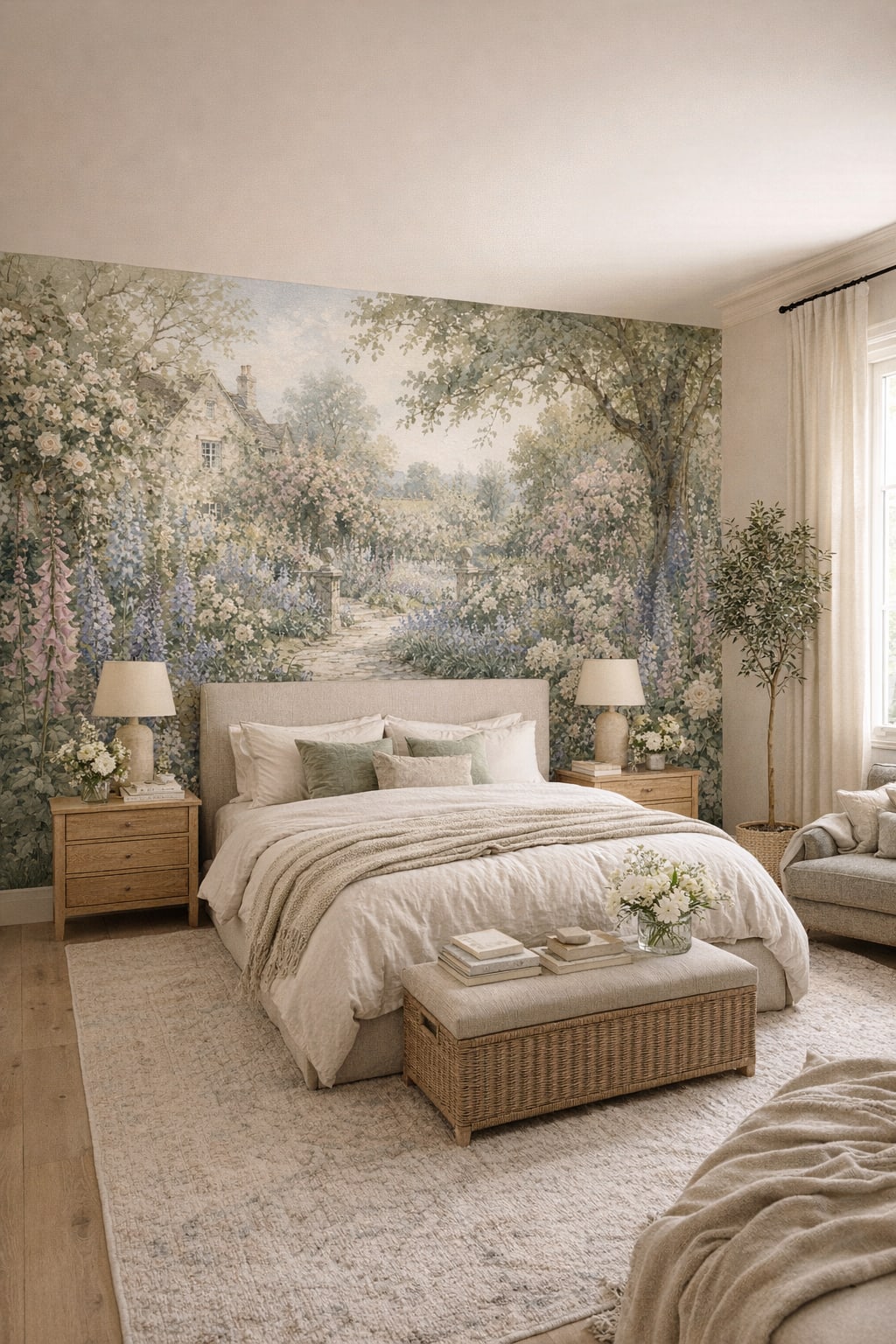 Biophilic green-neutral English garden featuring stone path - Wall Mural Peel and Stick Wallpaper for Biophilic Design Master Bedroom.