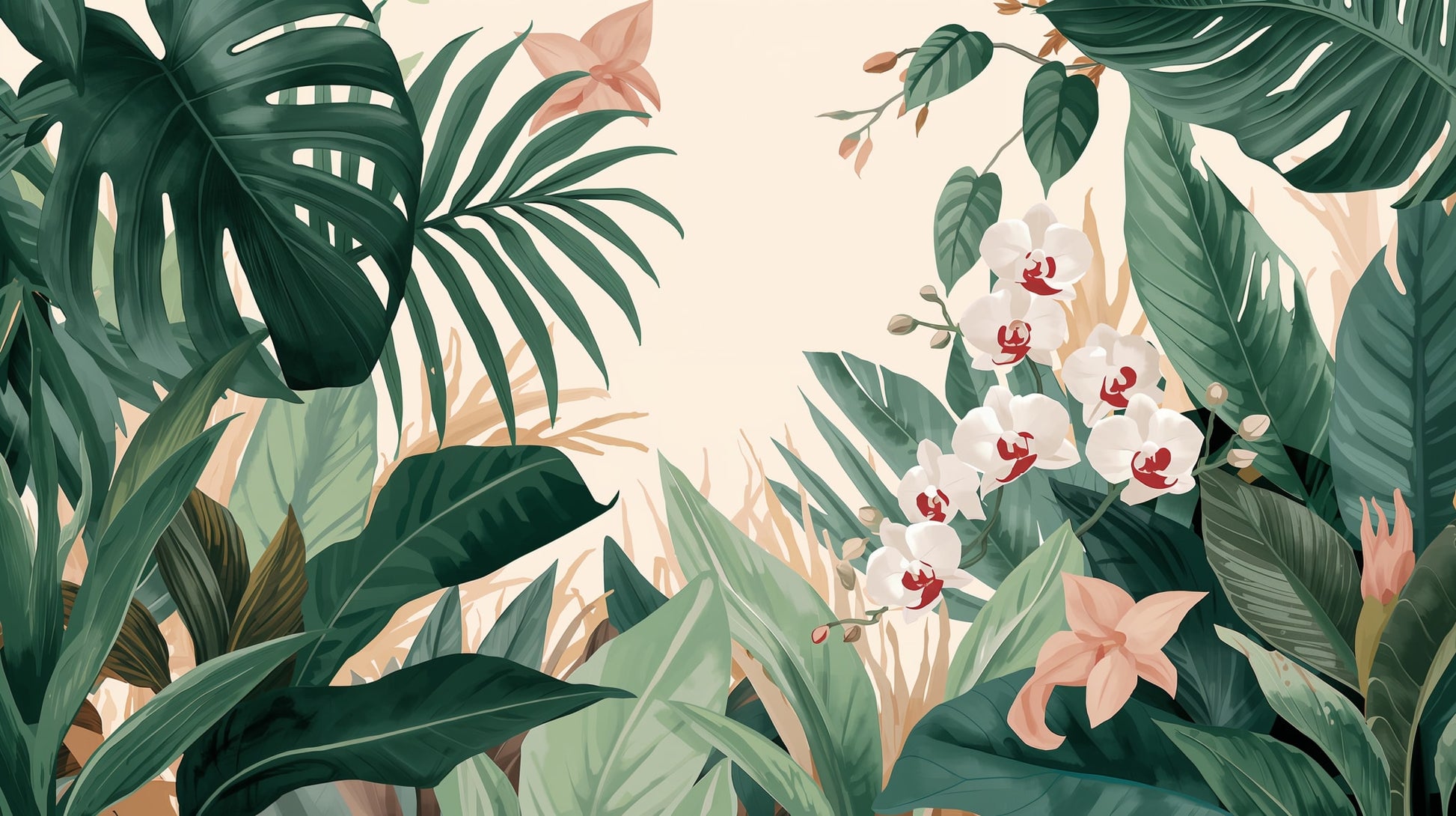 Lush illustrated Deep Green tropical leaves featuring tropical flowers - Wall Mural & Peel and Stick Wallpaper for Illustrated Interiors and Premium Home Styling