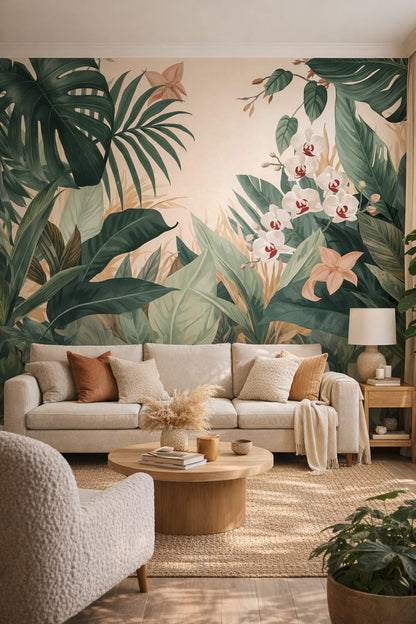 Cream Organic Modern tropical leaves featuring tropical flowers - Wall Mural Peel and Stick Wallpaper for Organic Modern Living Room.