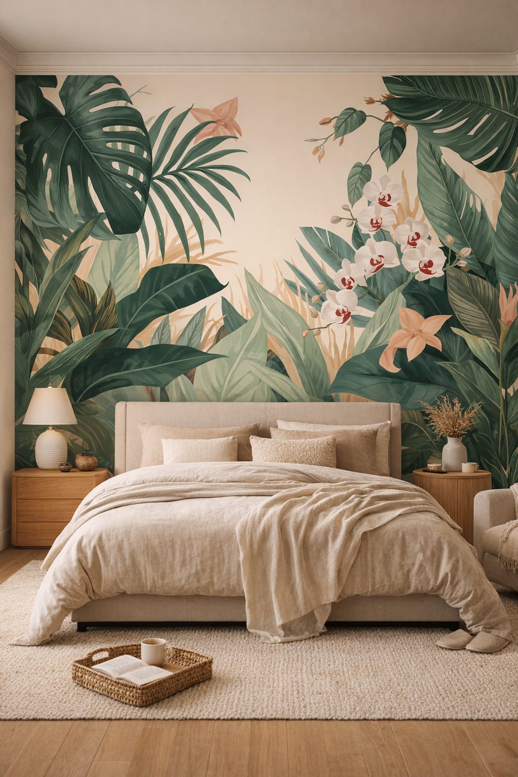 Japandi sand-toned tropical leaves featuring tropical flowers - Wall Mural Peel and Stick Wallpaper for Japandi Master Bedroom.