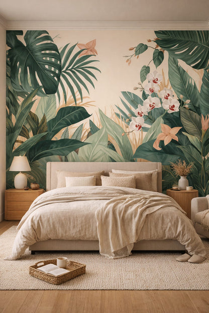 Japandi sand-toned tropical leaves featuring tropical flowers - Wall Mural Peel and Stick Wallpaper for Japandi Master Bedroom.