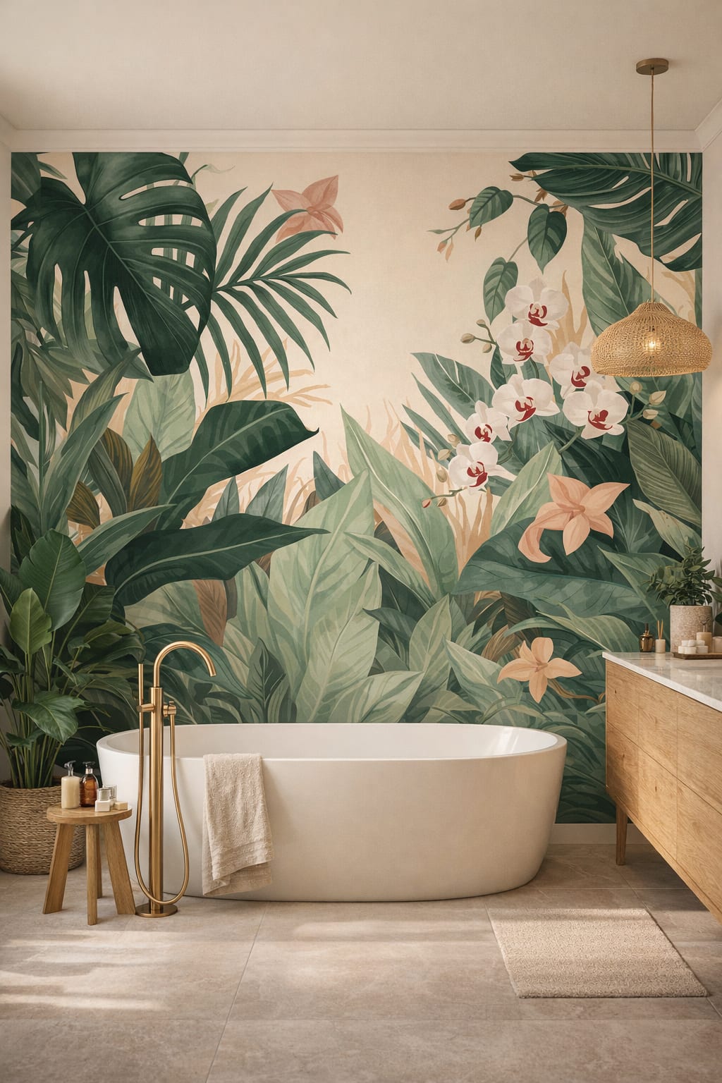Tropical Modern white-green tropical leaves featuring tropical flowers - Wall Mural Peel and Stick Wallpaper for Tropical Modern Luxury Bathroom.