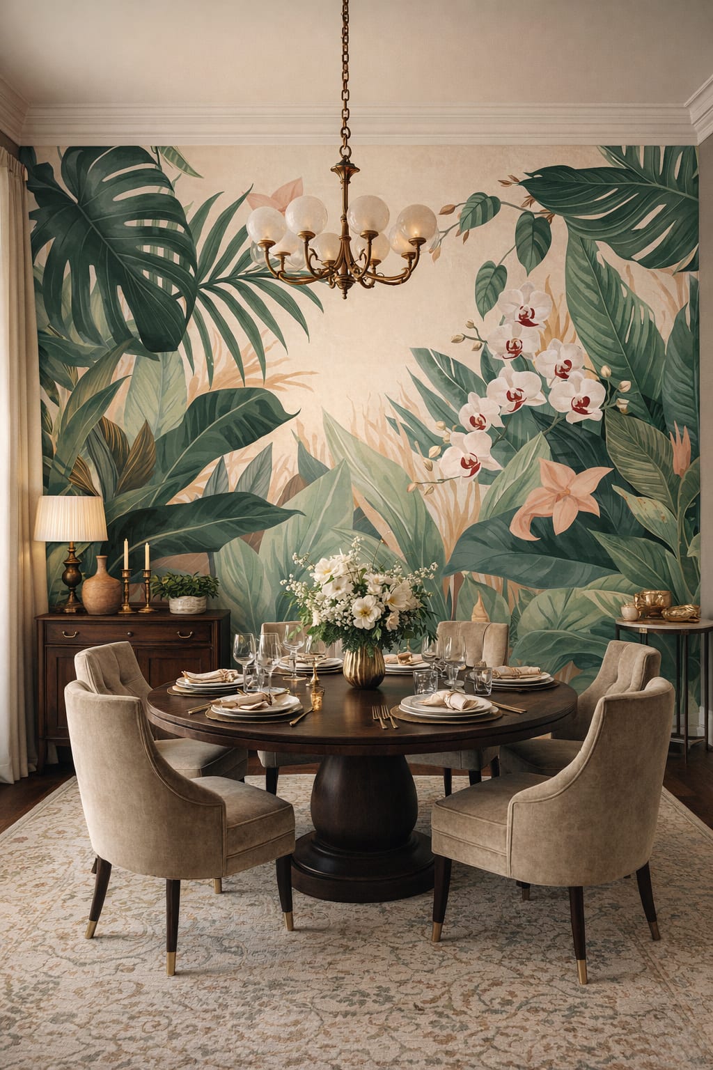 Art Nouveau cream-green tropical leaves featuring tropical flowers - Wall Mural Peel and Stick Wallpaper for Art Nouveau Formal Dining Room.