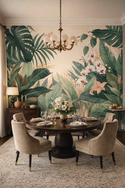 Art Nouveau cream-green tropical leaves featuring tropical flowers - Wall Mural Peel and Stick Wallpaper for Art Nouveau Formal Dining Room.