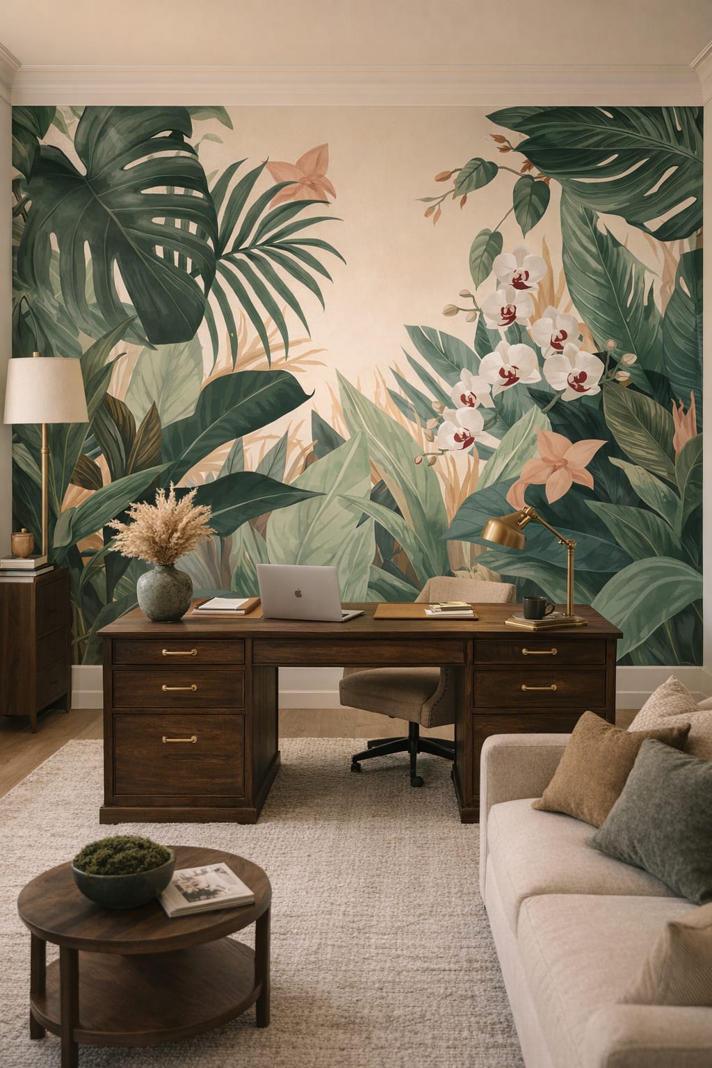 Greige understated tropical leaves featuring tropical flowers - Wall Mural Peel and Stick Wallpaper for Quiet Luxury Executive Home Office.