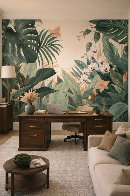 Greige understated tropical leaves featuring tropical flowers - Wall Mural Peel and Stick Wallpaper for Quiet Luxury Executive Home Office.