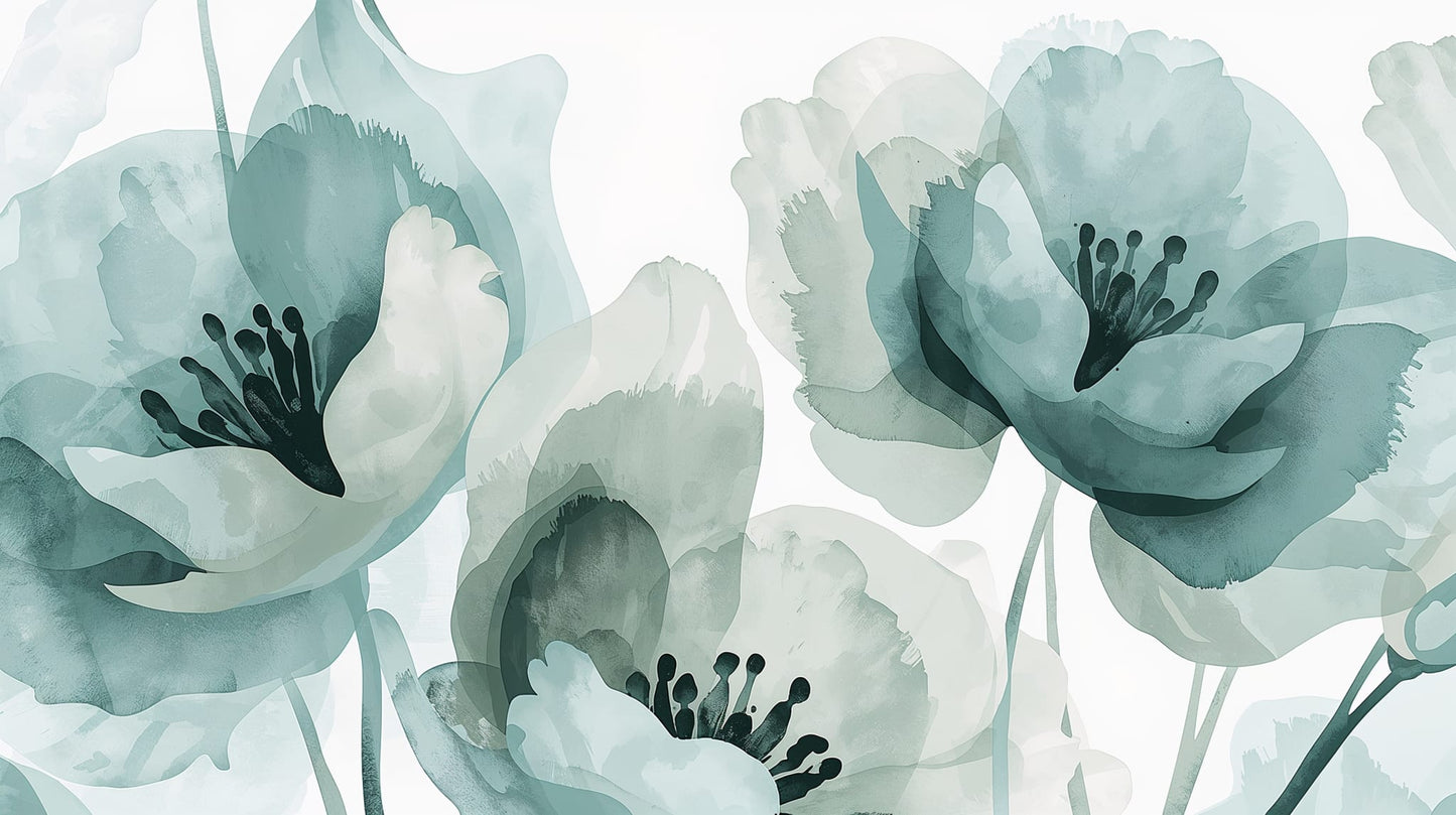 Airy ethereal Seafoam floral blossoms featuring translucent petals - Wall Mural & Peel and Stick Wallpaper for Watercolor Interiors and Premium Home Styling